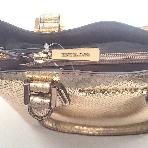 Michael Kors Adele Embossed Leather Gold MD Messenger Crossbody Bag - Picture 7 of 8